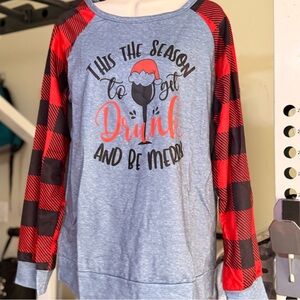 NWT "This The Season to get Drunk & Be Merry" Long Sleeve Plaid Santa Hat Shirt